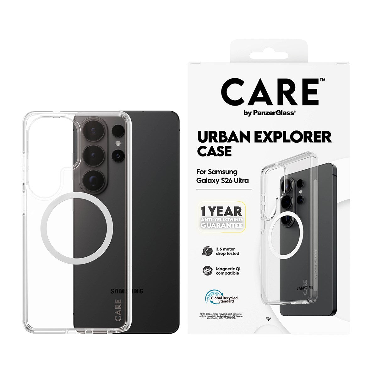 CARE™ by PanzerGlass® Urban Explorer Case Transparent m. Weiss Qi Samsung Galaxy S26 Ultra